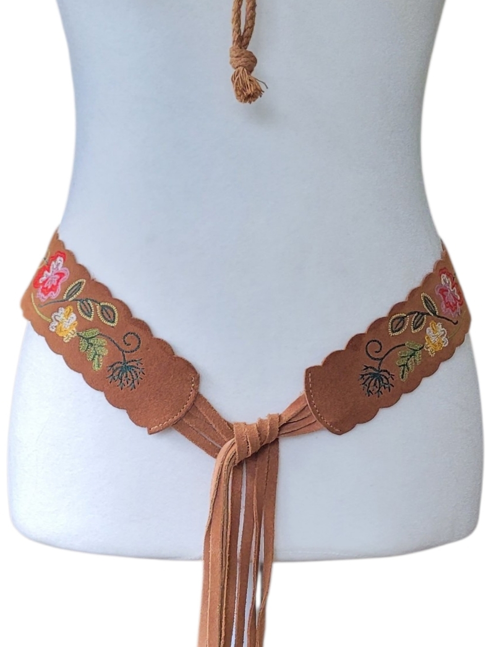 Western Boho Embroidered Suede Fringe Tie Belt - Tan - Picture 7 of 7